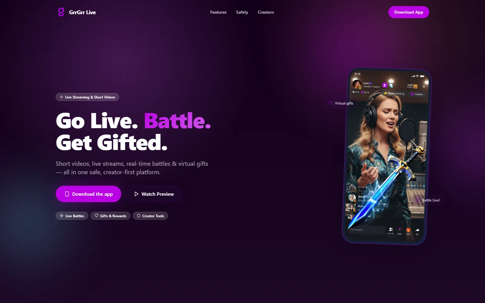 Faqja e GrrGrr Live: një telefon me transmetim live, pranë titullit “Go Live. Battle. Get Gifted.”