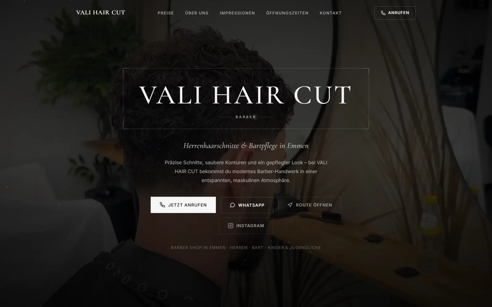 Ballina e VALI HAIR CUT: emri i berberhanes mbi një foto të errët qethjeje, me butona për telefon dhe WhatsApp.