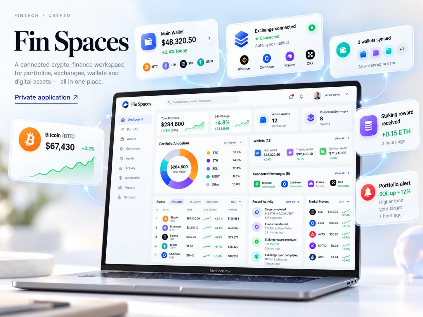 Illustration: Fin Spaces interface concept with wallets, a portfolio dashboard and exchange cards; pictured connections, staking notifications and financial figures are illustrative, not verified live features or results.