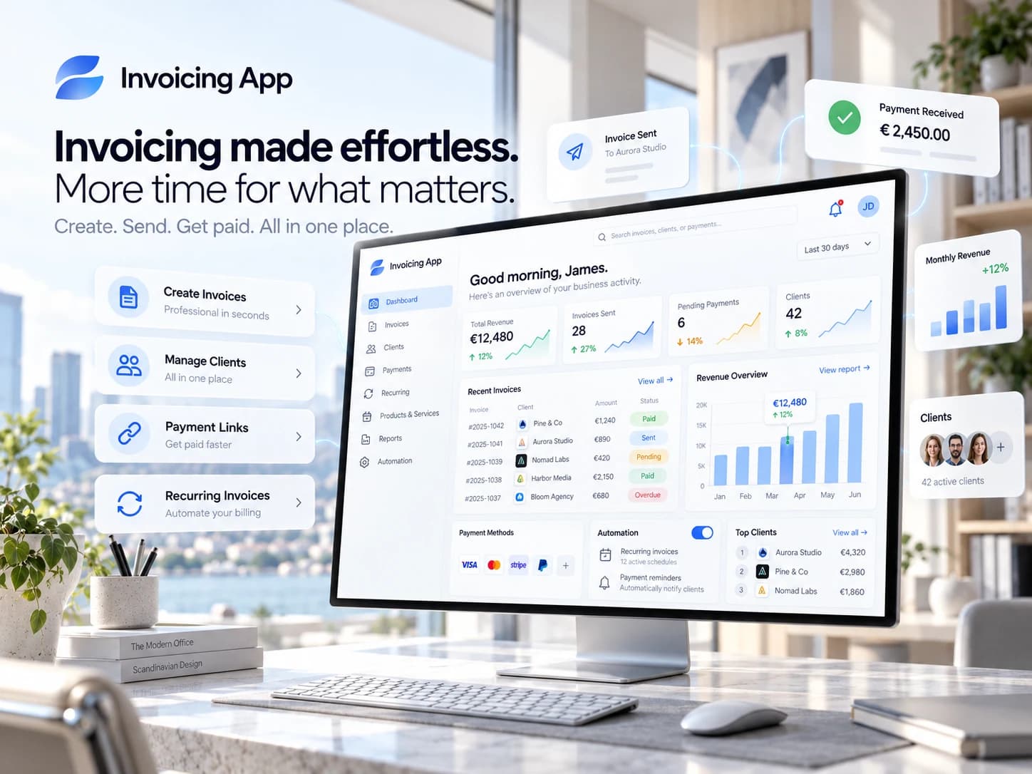 Illustration: Invoicing App interface concept with invoices, client cards and billing charts; pictured payment providers, automation and financial figures are illustrative, not verified live features or results.