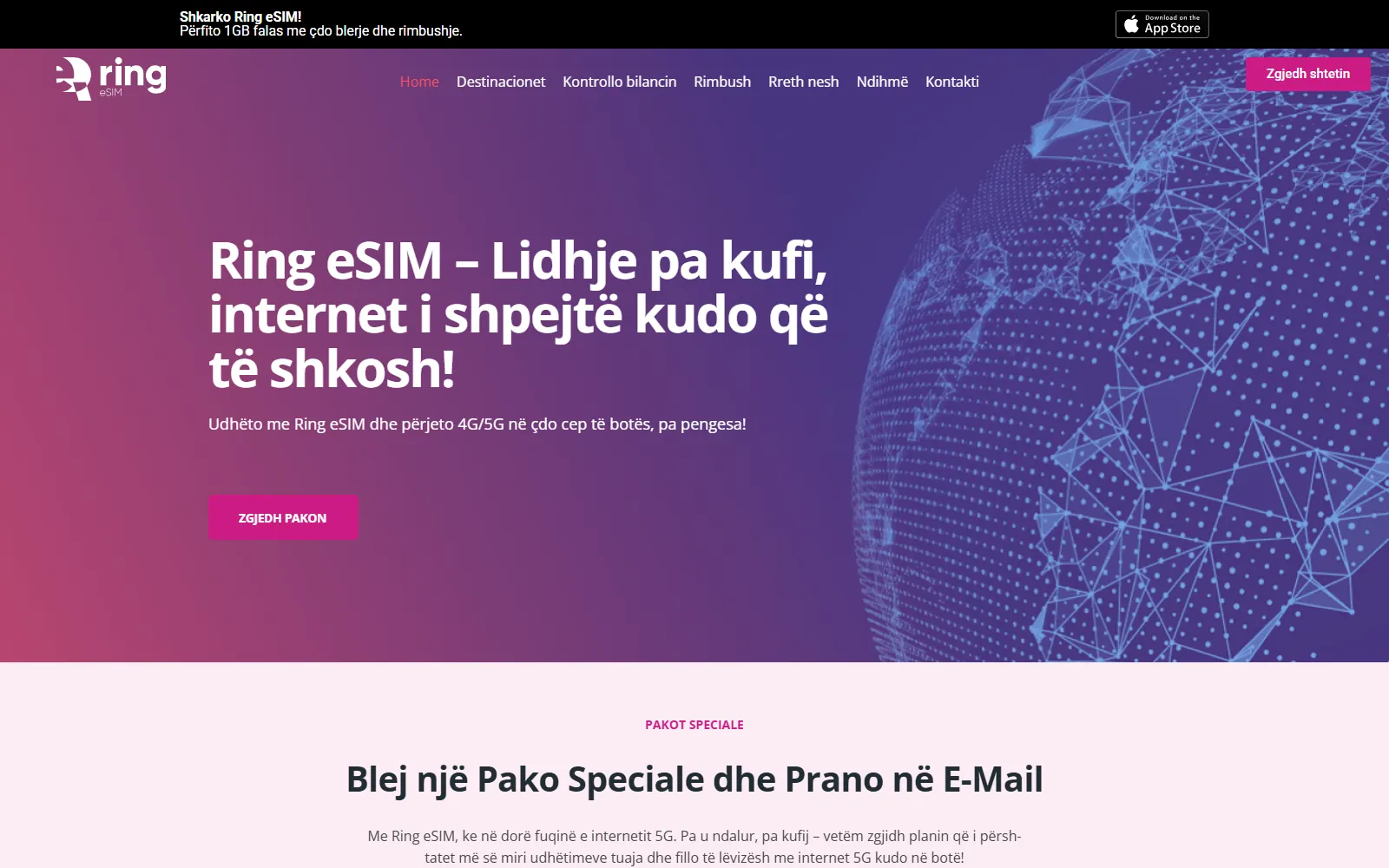 Ring eSIM homepage: internet for travel, with a globe and a button to choose a plan.