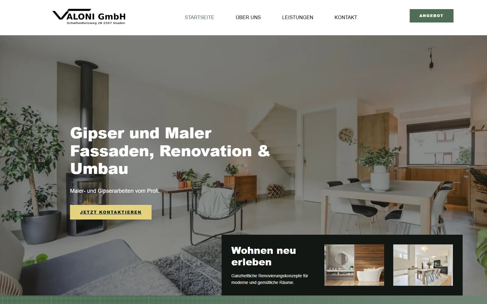 Valoni GmbH homepage: plastering, painting, facades and renovation, over a photo of a renovated living room.